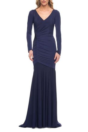 La Femme Ruched Jersey Evening Gown with Long Sleeves in Navy at Nordstrom, Size 16