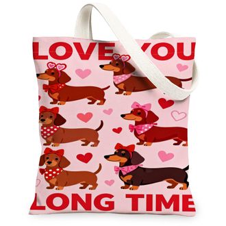 Generic Cute Dog Pattern Canvas Tote Bags, Adorable Animal Print Reusable Shopping Bags, ValentineS Day Lightweight Washable Shoul, Peach, 13x15 Inch