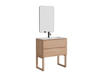 Vente-Unique Mueble de ba&ntilde;o de roble macizo con lavabo encastrado, grifo y espejo - Natural claro - 80 cm - TARELO