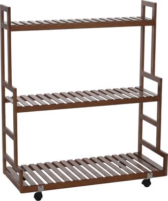 Hhg [nunca Usado] Estanter&iacute;a Para Plantas De Bamb&uacute; Hhg-372, Escalera Para Flores, Soporte Para Flores, Escalera Para Plantas, 3 Estantes, Ruedas, 105 X 90