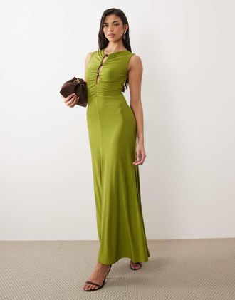 Forever New Vestito lungo in jersey verde arricciato con perline