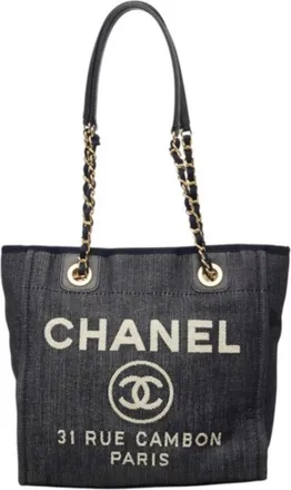 Chanel Navy Canvas Leather Shoulder Bag Tote Bag (Pre-Owned)