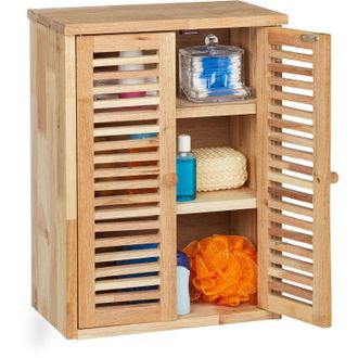 Relaxdays Pensile da Bagno, in Legno di Noce, HxLxP: 46,5 x 35 x 21 cm, Armadietto a Parete, con 3 Scomparti, Naturale - Relaxdays