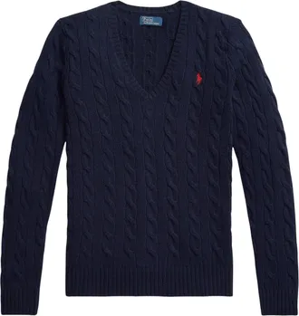 Polo Ralph Lauren Blue Cable-Knit Cotton Wool V-Neck Sweater