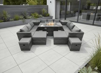 Fimous Rattan Garden Furniture Firepit Dining Set 13 Seater Lounge Sofa Table Set with 4 Footstools 2 Side Tables in Dark Grey