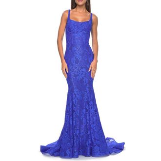 La Femme Mermaid Stretch Lace Gown with Corset Top in Royal Blue at Nordstrom, Size 14