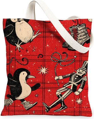 Generic Vintage Christmas Penguin Canvas Tote Bags, Retro Holiday Design Reusable Grocery Bags, Lightweight Washable Shoulder Strap, Red, 13x15 Inch