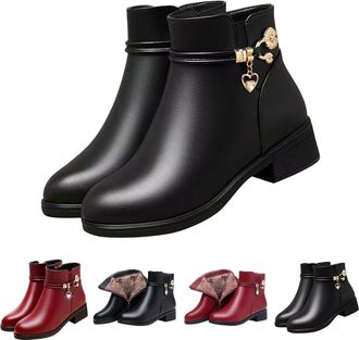 Generic Womens Winter Ankle Boots with Side Zipper Warm Plus Fur Lined Boots Comfortable Low Heel Snow Boot Outdoor Waterproof Non-Slip Rubber Walking Shoes D