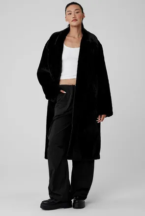 Alo | Oversized Faux Fur Trench Jacket in Black, Size: Medium