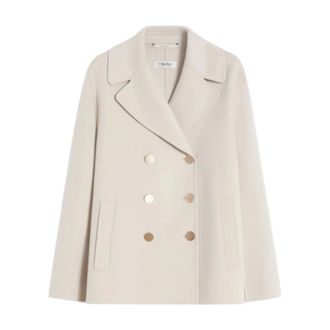 Max Mara Double-Breasted Coats, female, Beige, Size: S Long Wool Coat with Half-Belt Detail