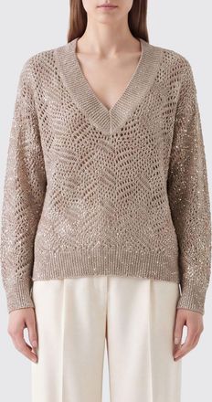 Brunello Cucinelli Maglia a V relaxed fit in 100% cashmere traforato con paillettes