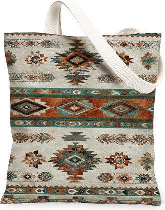 Generic Geometric Vintage Canvas Tote Bags, Bohemian Pattern Reusable Grocery Bags, Lightweight Washable Shoulder Strap Canvas for, Beige, 13x15 Inch