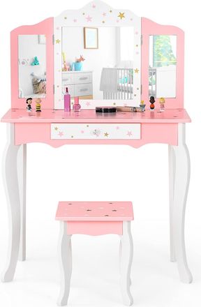 Costway Costway Set Mesa Tocador Y Taburete Para Ni&ntilde;os, Mesa Maquillaje Con Espejo Tripartido Para Ni&ntilde;os, Caj&oacute;n Con Imprenta De Estrellas, Set Tocador Con Mes