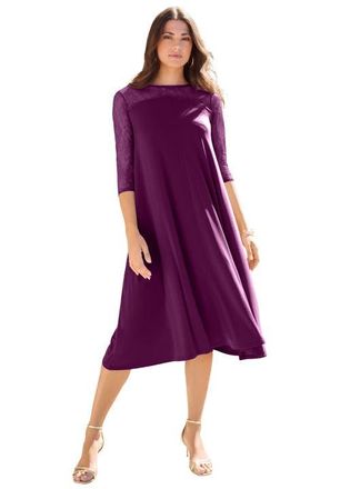 Roaman's Plus Size 3/4 Sleeve Allover Lace Swing Dress in Dark Berry at Nordstrom, Size 36