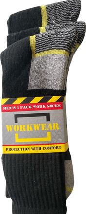 Generic Workwear Mens Cotton Rich Work Socks, Black and Grey, 3 Pack, Reinforced Heel and Toe, Size 6-11, Protection With Comfort