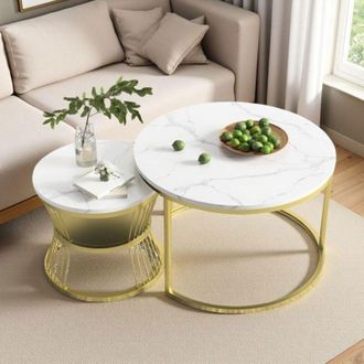 OEM Mesas Bajas Gigognes - Blancas Y Doradas - &Oslash;70cm Y &Oslash;45cm - M&aacute;rmol Blanco Brillante - Dise&ntilde;o Moderno