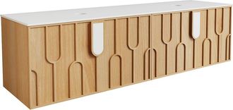 Vente-Unique Mueble de ba&ntilde;o suspendido texturizado con encimera de piedra sinterizada mate - Natural claro - An. 180 cm - MERKAN
