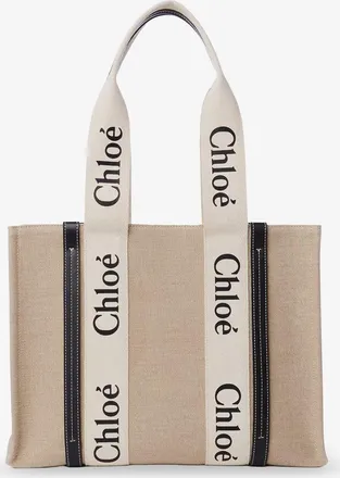 Chlo&eacute; Borsa a spalla Woody in lino con logo lettering frontale - CHLOE - gender_Woman