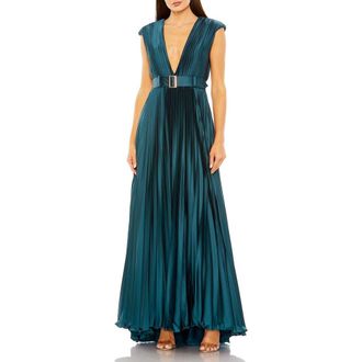 Mac Duggal Pleated Plunge Neck Belted A Line Gown in Midnight at Nordstrom, Size 14