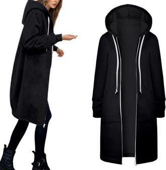 Generic Longline Hoodies For Women Uk Full Zip Up Thin Fleece Hoody Jackets With Pockets Plus Size Mid-length Hooded Sweahirts With Drawstring Hood Solid Warm
