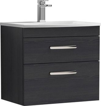 Nuie Nuie Athena Wall Hung 2-Drawer Vanity Unit with Basin-4 600mm Wide - Charcoal Black Woodgrain