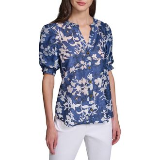 Karl Lagerfeld Print Puff Sleeve Shirt in Midnight Navy/Soft White at Nordstrom, Size X-Small