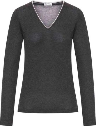 Brunello Cucinelli V-hals Top met Lange Mouwen - Dames - Cashmere truien - Grijs - L - Kasjmier - Truien & Vesten