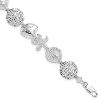 Diamond2Deal Sterling Silver Rhodium-plated Polished Turtle,Shell,Starfish,Clam Bracelet 7.25