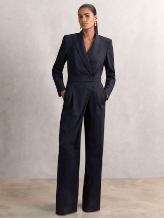 Reiss Navy Pinstripe Tailored Wide-leg Jumpsuit With Wool, 18