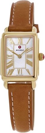 Michele Deco Park White Mother of Pearl Dial 18K Gold-Plated Leather Strap Womens Watch MWW06E000150