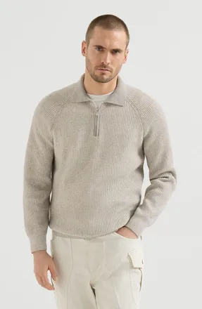 Brunello Cucinelli Cashmere vanis&eacute; English rib knit polo with half zip in Grey at Nordstrom, Size 52