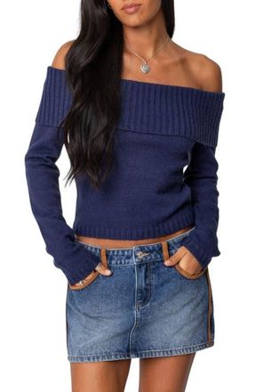 Edikted Tamara Foldover Knit Top in Navy at Nordstrom, Size X-Small