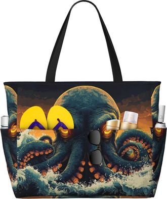 Generic Ocean Octopus Print Large Beach Bag Foldable Travel Shoulder Tote Bag With Pocket For Weekender Pool Vacation