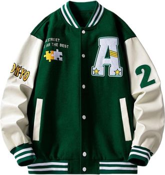 Generic Color Blocking Varsity Jacket for Men Oversized Letter Graphic Bomber Jackets Lightweight Long Sleeve Sports Outwaer (Green [Embroidery A],3XL)