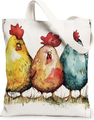 Generic Artistic Chicken Canvas Tote Bags, Vintage Farm Animal Pattern Reusable Grocery Bags, Lightweight Washable Shoulder Strap C, Multicolor, 13x15 Inch