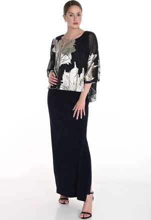 Frank Lyman Design Metallic Floral Chiffon Overlay Evening Dress In Navy/gold