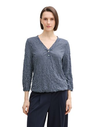 Tom Tailor Blusenshirt TOM TAILOR, Damen, Gr. XS (34), printed blau wei&szlig; minimal, Obermaterial: 65% Polyester, 35% Viskose, Crinkleoptik, loose fit taillenbedeck