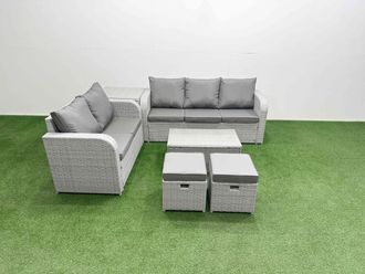 Fimous 7 Seater PE Rattan Wicker Garden Furniture Patio Conservatory Sofa Set w/ Rectangular Coffee Table 3 Seater Sofa Love Sofa 2 Stools Side Table