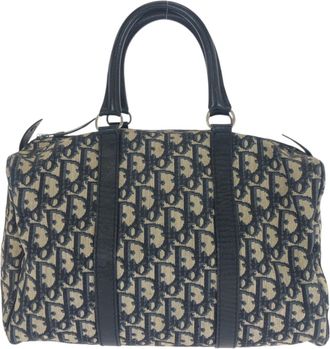 Dior Beige Navy Canvas Leather Boston Bag Tote Bag (Pre-Owned)
