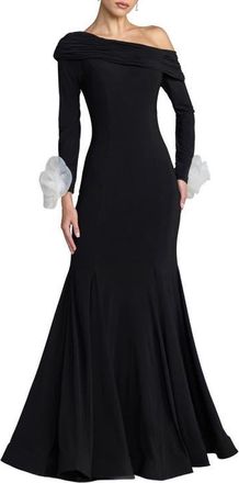 Mac Duggal One Shoulder Long Sleeve Mermaid Jersey Gown in Black Ivory at Nordstrom, Size X-Small