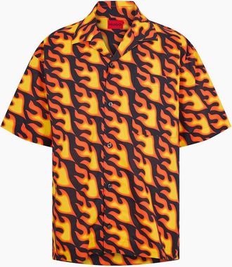 HUGO BOSS Mens Flame Graphic Notch Collar Short Sleeve Oxford Shirt - Orange - Size: Regular/36