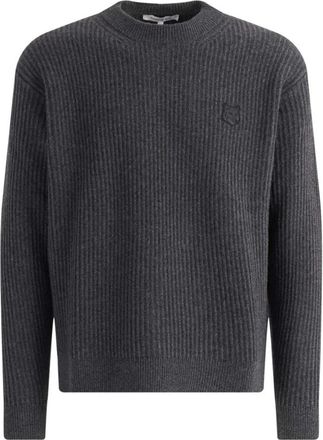 Maison Kitsun&eacute; Fox Head Wolle Ribgebreide Trui - Heren - Ronde hals truien - Grijs - M - Wol - Truien & Vesten