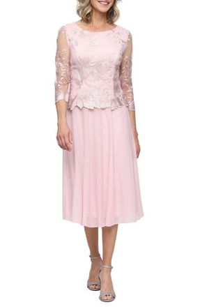 Alex Evenings Illusion Sleeve Embroidered Midi Dress in Shell Pink at Nordstrom, Size 12
