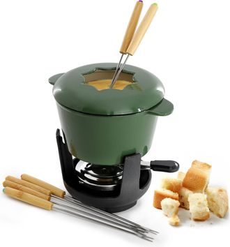 MegaChef Enameled Cast Iron Fondue Pot with 6 Serving Forks in Green