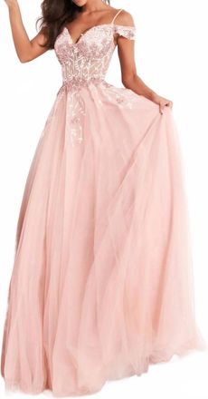 Jovani Floral Ornate Corset Tulle Dress In Blush