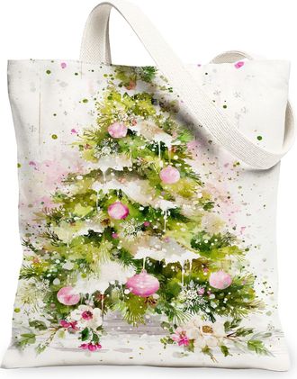 Generic Christmas Tree Floral Canvas Tote Bags, Winter Plant Pattern Reusable Grocery Bags, Vintage Lightweight Washable Canvas for, White, 13x15 Inch