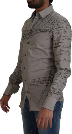 Dolce & Gabbana Mens Gray Printed Cotton Slim Dress Gold Shirt