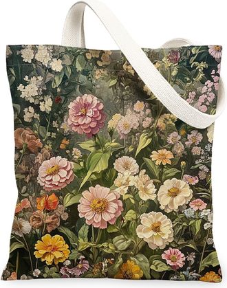 Generic Spring Aesthetic Zinnia Canvas Tote Bag for Shopping 13x15, Vintage Flower Garden Reusable Grocery Print Pattern Bag for Women Men, Floral Wildflower 