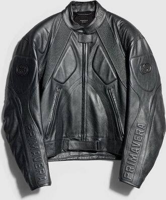 Gucci Grainy Laminated Bull Leather Jacket, Size XL, Grey