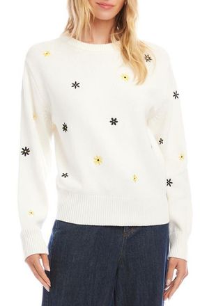 Karen Kane Embroidered Daisy Cotton Blend Sweater in White at Nordstrom, Size X-Large